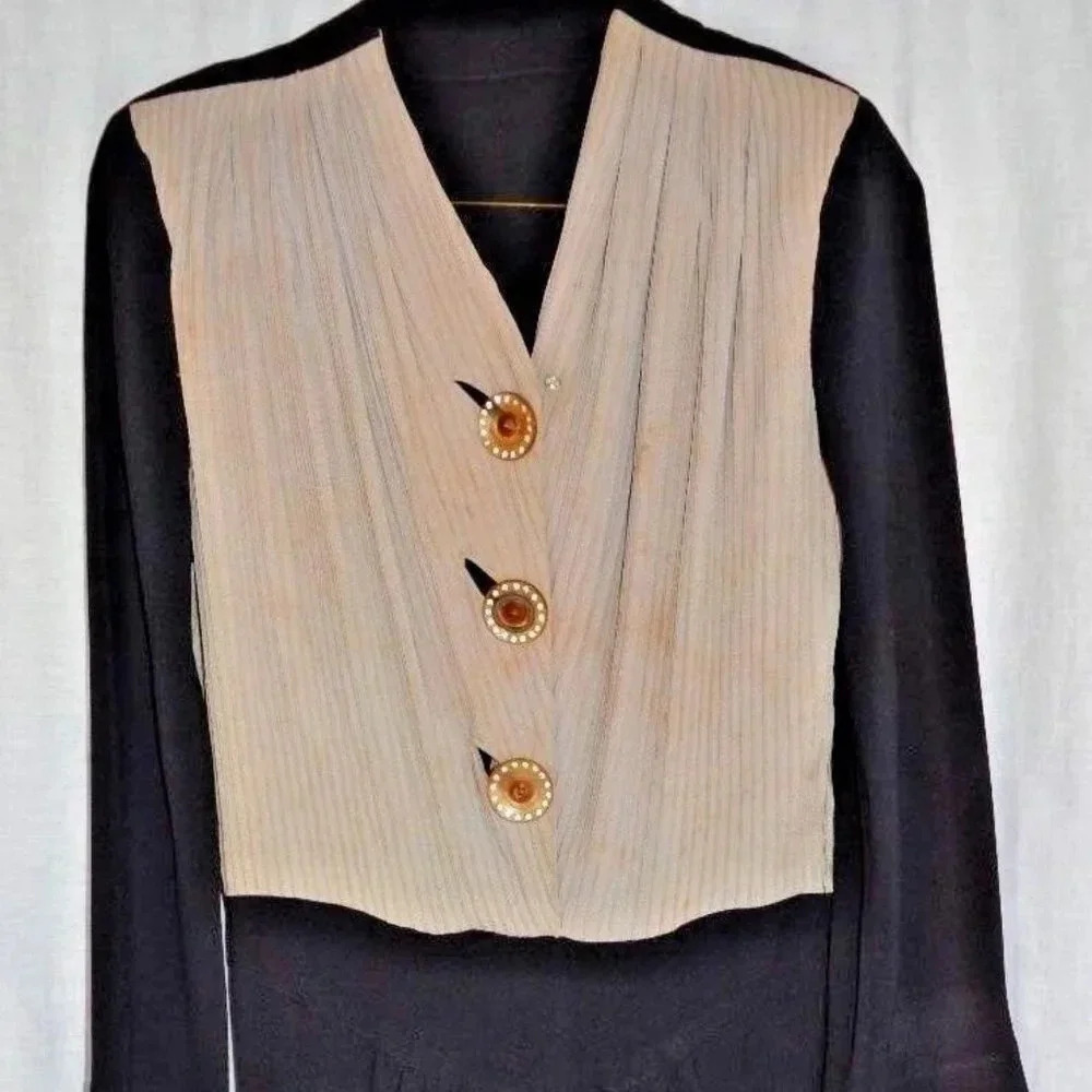 1940s 1950s Beige Black Dress